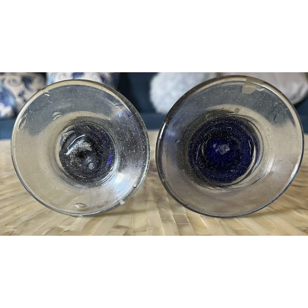Cobalt Blue Glass‎ Candlestick Holder Vintage Pair 2 Handblown Staircase Candle